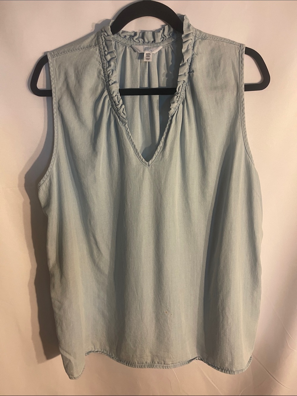 Time and Tru Pale Blue Ruffle Trim V-Neck Sleeveless Top